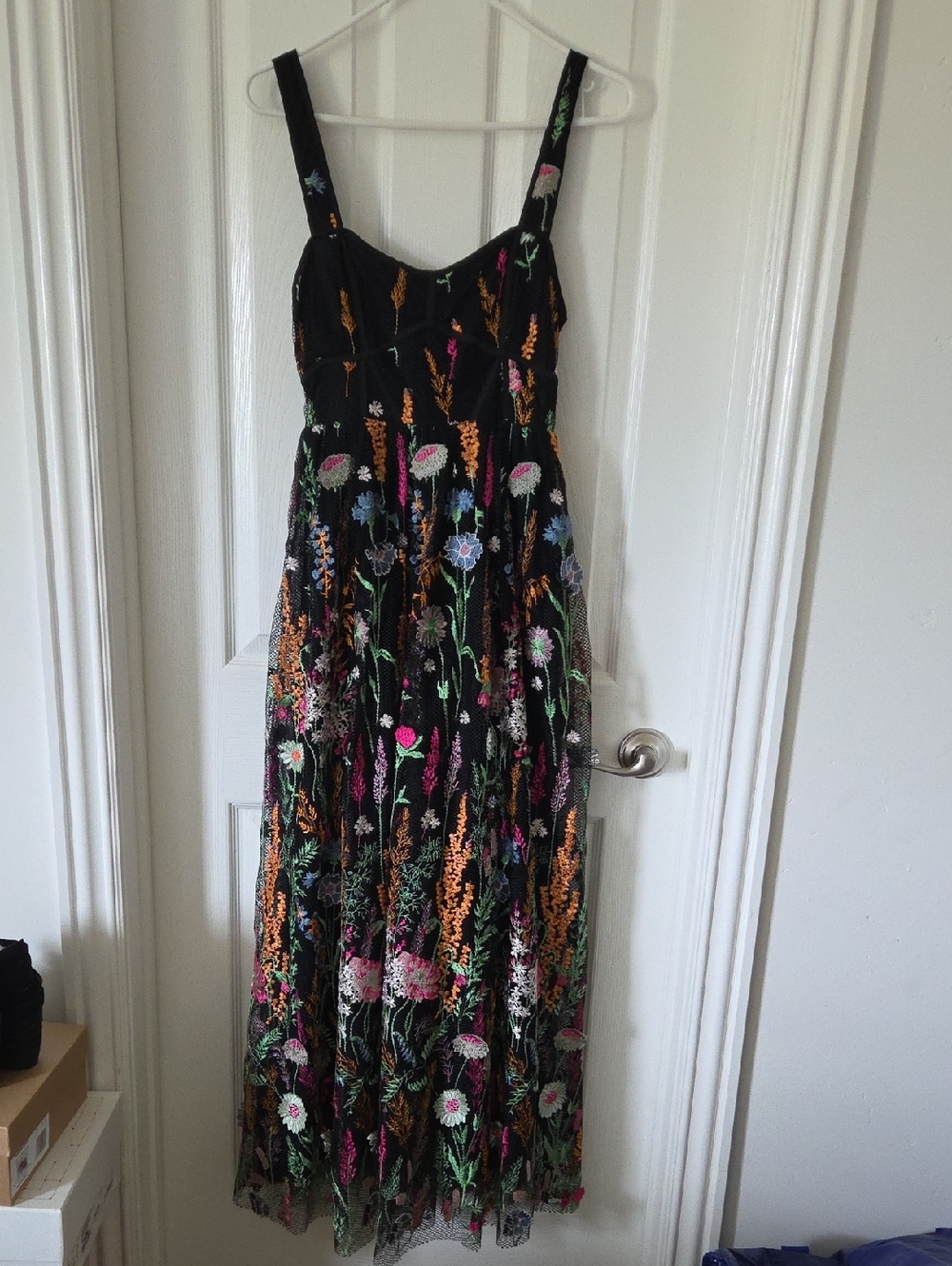 Anthropologie Black Dress with Floral Applique On Mesh Overlay. Size S